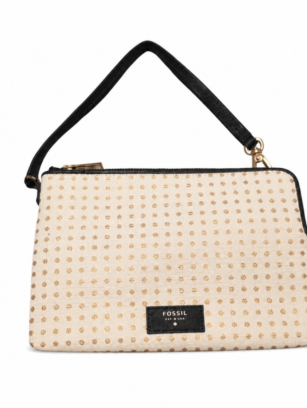 Fossil Women’s Cream Gold Polka Dot Wristlet Clutch Bag Black Trim